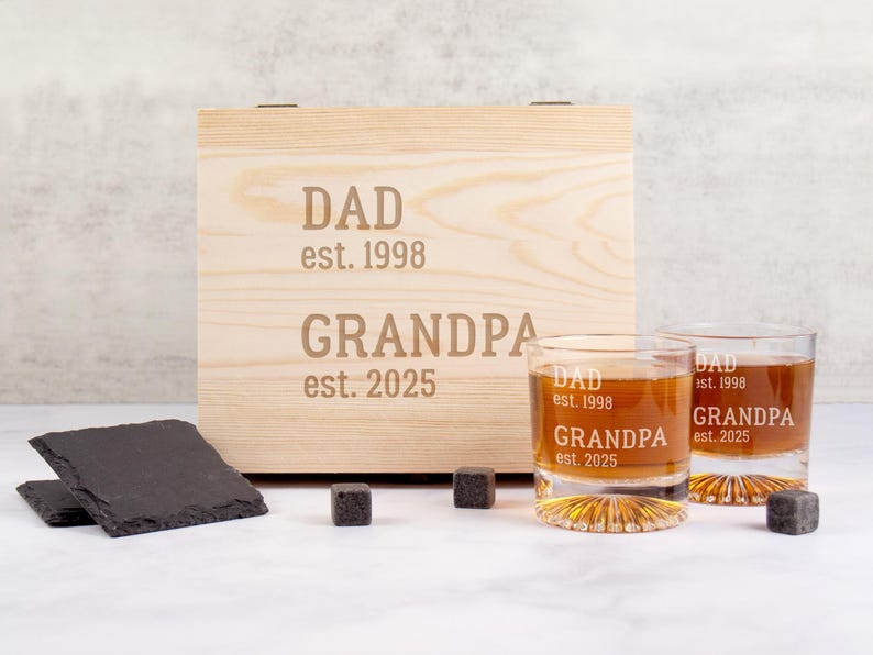 Grandpa Gift Personalized Whiskey Glass, Pregnancy Reveal Grandparents Pregnancy Announcement, Whiskey Gift Set, Gift For Grandpa Est 2026 2 Glasses + Gift Box