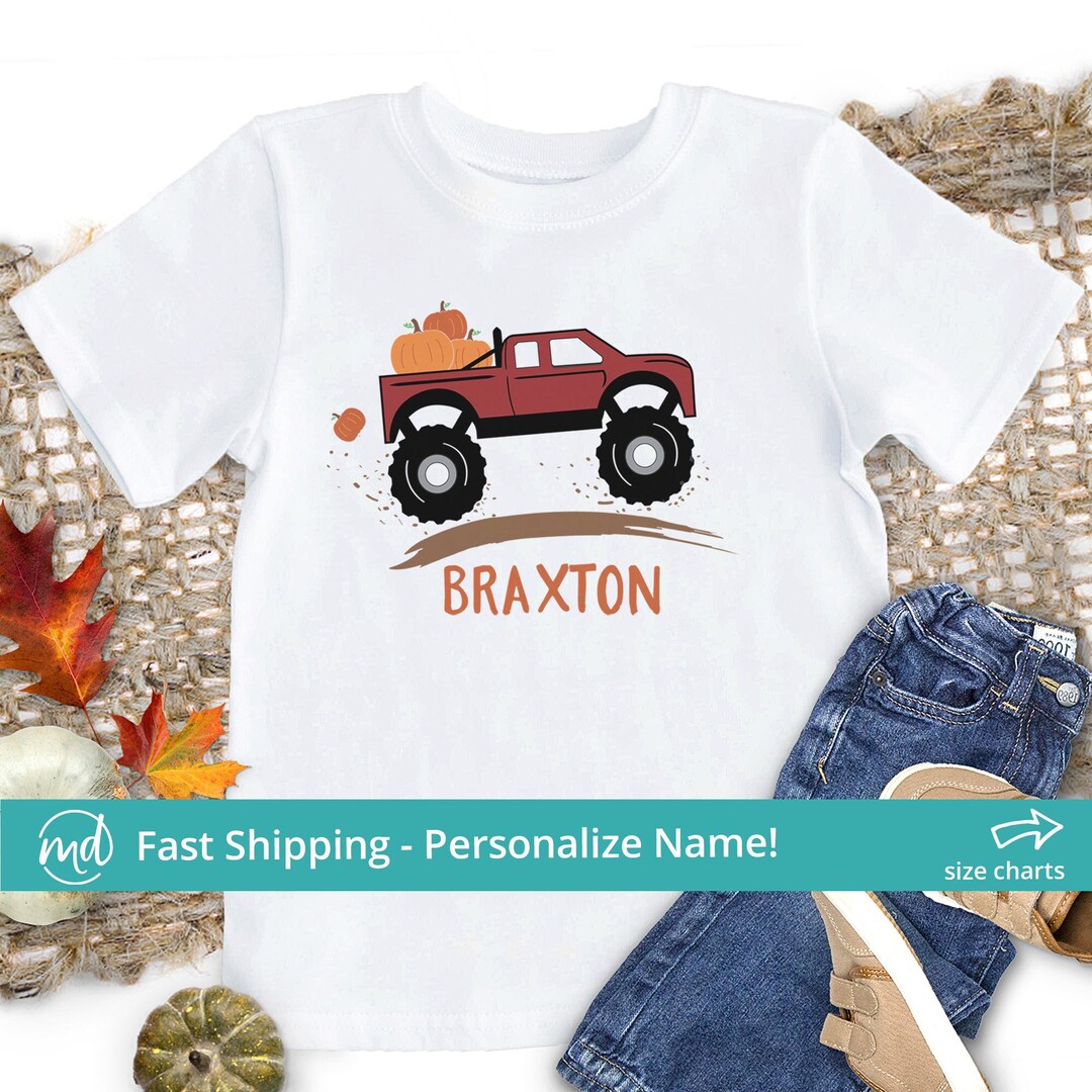 Boys Fall Shirts for Boys Personalized, Monster Truck Toddler Boy