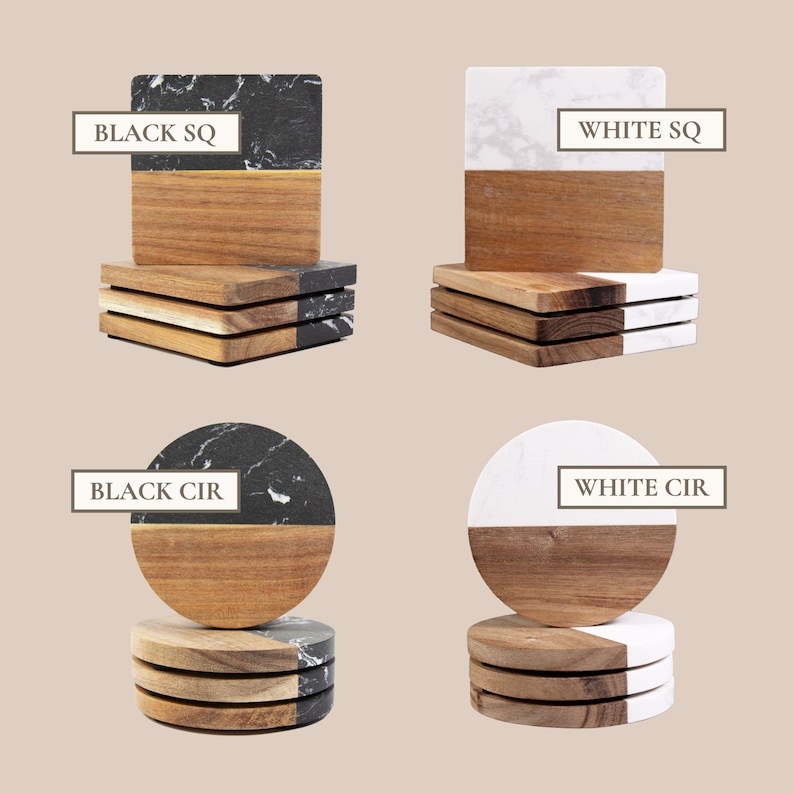 May include: A collection of coasters featuring four distinct styles: square black marble with wood, square white marble with wood, circular black marble with wood, and circular white marble with wood. Each set is labelled BLACK SQ, WHITE SQ, BLACK CIR, and WHITE CIR.