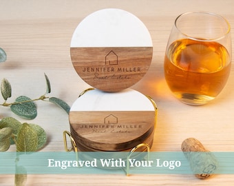 Logo Coasters Engraved, Marble and Wood Coasters Personalized, Business Logo Gifts, Custom Logo Coaster Set, Client Gifts, Corporate Gifts