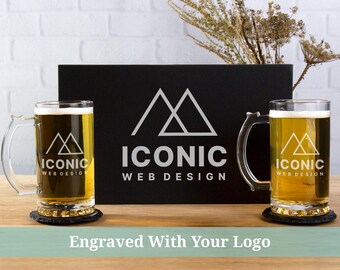 Custom Beer Stein Gift Set, Logo Beer Mugs, Custom Logo Beer Glasses, Business Owner Gift, Company Logo Gifts, Beer Retirement Gift for Men