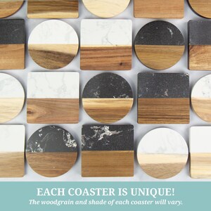 May include: A collection of square and circular coasters featuring a split design of natural wood grain and white or black marble-like stone. The text at the bottom reads: EACH COASTER IS UNIQUE! The woodgrain and shade of each coaster will vary.
