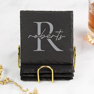 Custom Coasters Set With Holder, Slate Coasters Personalized Housewarming Gift, Realtor Closing Gift, Unique Wedding Gift for Couple