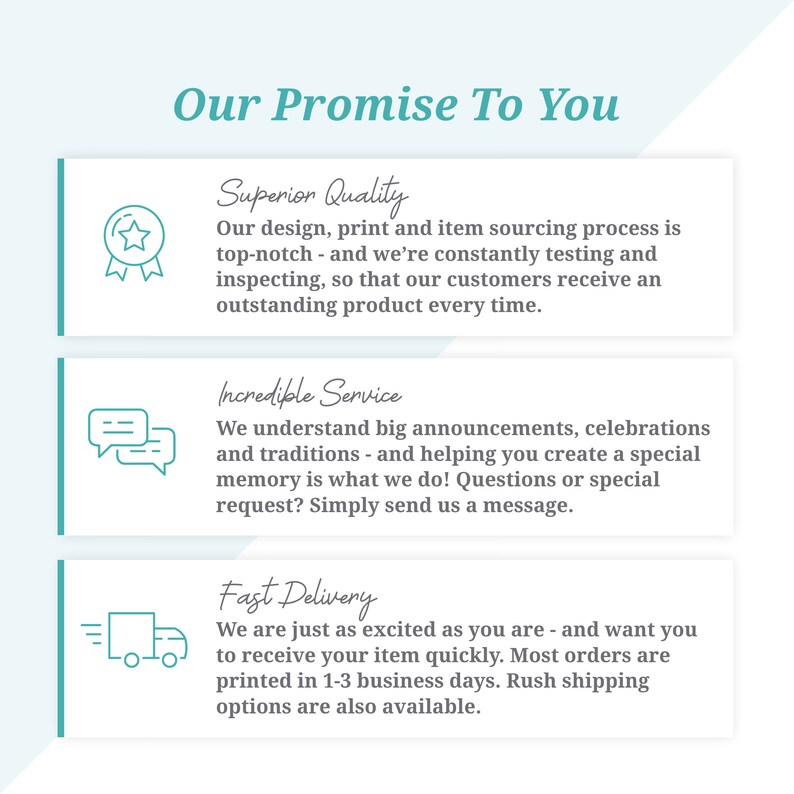 May include: Our Promise To You: A graphic with three sections highlighting superior quality, incredible service, and fast delivery. Each section features a relevant icon and a brief description of the company's commitment to customer satisfaction.