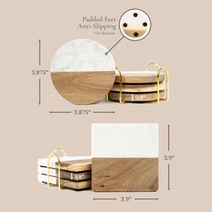 May include: A set of round and square coasters made of white marble and natural wood, held in gold metal stands. The round coasters measure 9.84 cm in diameter, and the square ones are 9.9 cm wide. Each is 0.95 cm thick with anti-slipping padded feet.