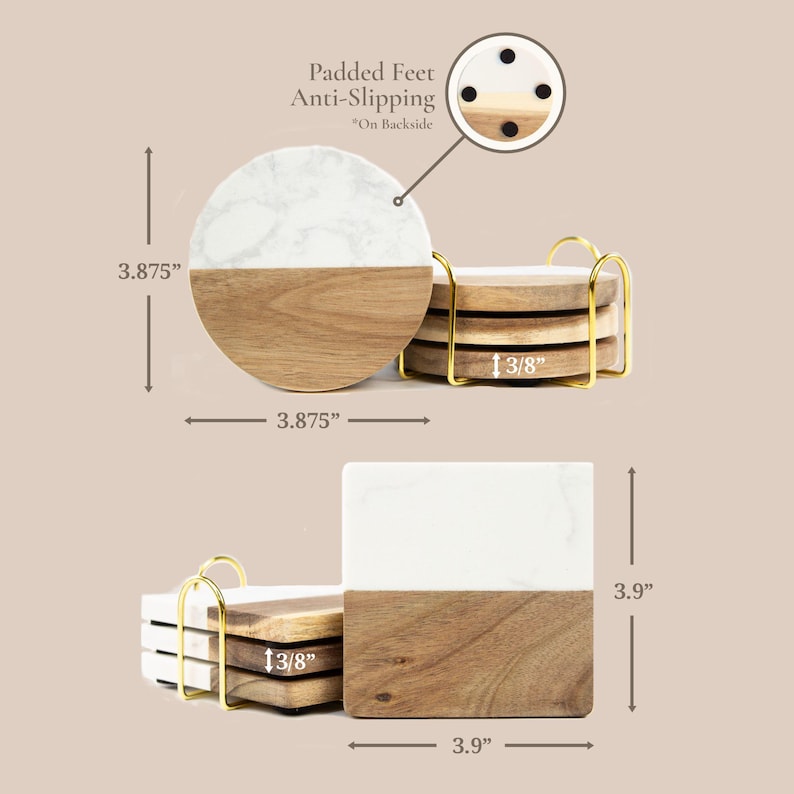 May include: A set of round and square coasters made of white marble and natural wood, held in gold metal stands. The round coasters measure 9.84 cm in diameter, and the square ones are 9.9 cm wide. Each is 0.95 cm thick with anti-slipping padded feet.