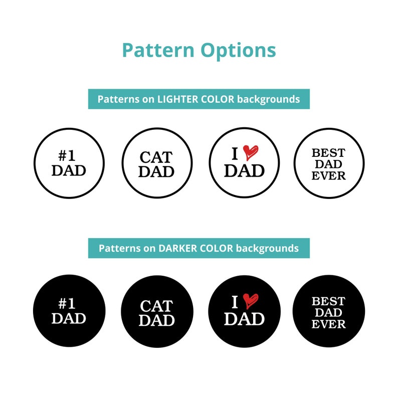 May include: A graphic showing different design options for a round sticker. The sticker options include "#1 Dad", "Cat Dad", "I Love Dad", and "Best Dad Ever". The designs are shown with both a white background and a black background.
