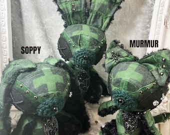 Gothic Green rabbit and cat, gothic plushie, hand printed