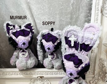 Pastel goth, fairy kei, one of a kind, rabbit plushie, cat plushie, for gothic lover