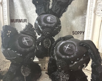 gothic plushie, cat, rabbit, hand printed,