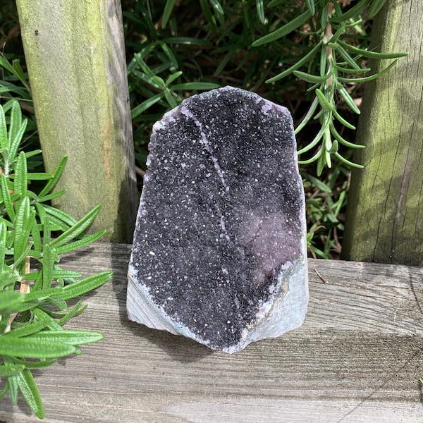 Raw Uruguay black purple Amethyst Geode specimen with cut base