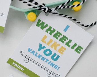 Printable skateboard valentine tag, I Wheelie like you, classroom valentines, for kids, for school, for boys, for preschool