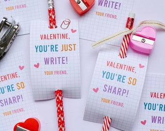 Printable Pencil valentine tag, Just Write, Pen, Coloring Valentines for kids, for school, for class, for Preschool, teacher gift favor