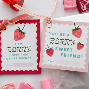 Etiqueta imprimible de San Valentín con bocadillos de frutas, San Valentín para el aula de bayas para niños, para la escuela, para preescolar, tarjeta con fresas