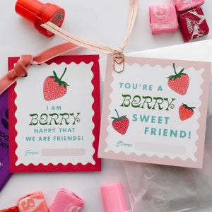 Tarjeta imprimible de San Valentín con refrigerio de frutas, San Valentín de bayas para el aula para niños, para la escuela, para preescolar, etiqueta de fresa