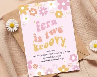 Two Groovy Second Birthday Party Invitation, Retro hippie daisy boho printable invite