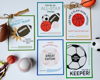 May include: Set of six printable Valentine's Day cards featuring sports-themed illustrations and the text "You're a Great Catch!" "You're a Keeper!" "You're an All-Star Friend!" "We Make a Great Team!" "You Are a Slam Dunk Friend!" and "Happy Valentine's Day!"