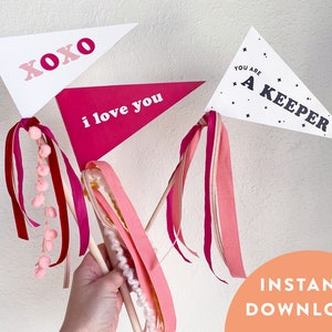 Printable Valentine Flag Pennant, Valentines Decor, XOXO, party, galentine, favor, gift topper, for girls, decorations, for teacher image 1