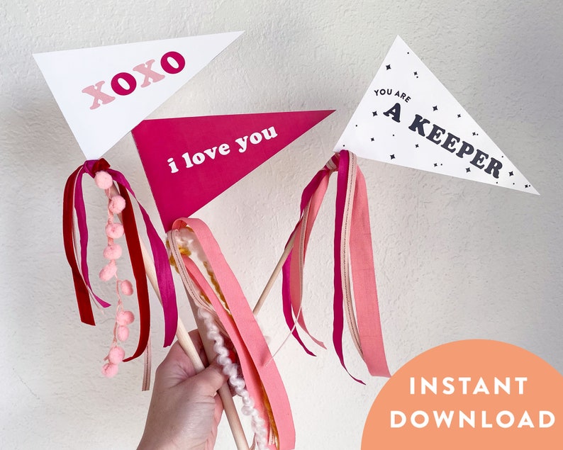 Printable Valentine Flag Pennant, Valentines Decor, XOXO, party, galentine, favor, gift topper, for girls, decorations, for teacher image 1