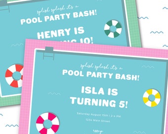 Pool Party Birthday Invitation, Swimming Party, Pool Party Invitation Pink Blue, Pool Party Bash Invitation, Instant Download