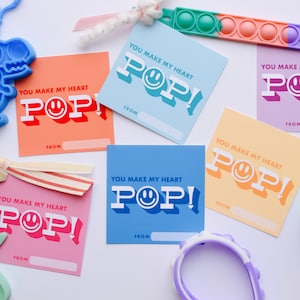 Etiqueta imprimible Pop Valentine, San Valentín preescolar, pulsera de burbujas Fidget, palomitas de maíz, para niños, para la escuela, para la clase, para el aula