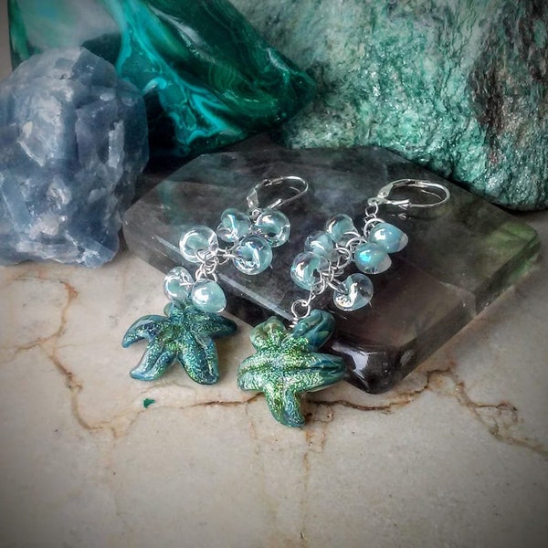 Handblown glass earrings for summer, earrings with starfish and bubbles, jewelry for ocean-lovers, one-of-a-kind, gift fer her, Faeriejems