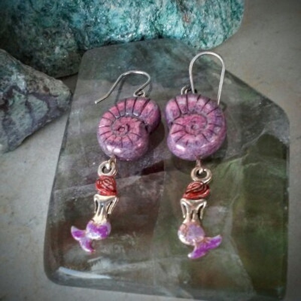 Lavender mermaid earrings, hand-painted mermaids with shells, jewelry for summer and ocean-lovers, gift for women, one-of-a-kind, Faeriejems