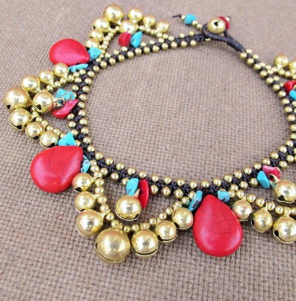 Red Boho Ankle Bracelet with Stones Etsy