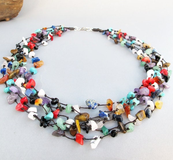 Multi Color Necklace Mixed Chip Stones Multi Strand Necklace Etsy