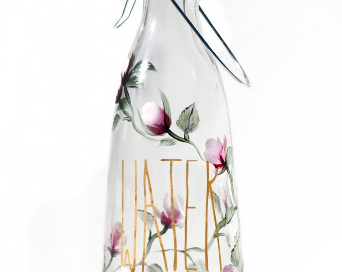1 Liter Hand Painted Glass Water Bottle Pink and White Rose Etsy