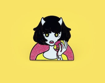 DISCOUNT/DAMAGED - Lemon Demon Girl Hard Enamel Pin, Black Nickel with Glitter, Set of Two