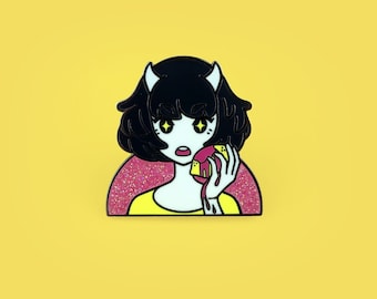 Lemon Demon Girl Hard Enamel Pin, Black Nickel with Glitter