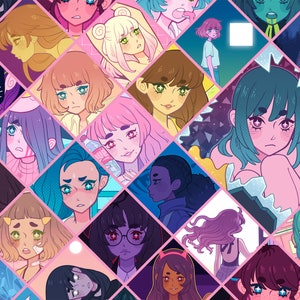 May include: A digital collage of illustrated portraits of people with different hairstyles, clothing, and expressions. The portraits are arranged in a diamond pattern on a pink background.