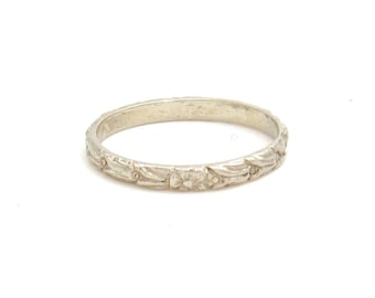 Antique 14K Gold Baby Ring | Edwardian Solid White Gold Band | Embossed Floral Design Child Ring Size 1/2 | 14K Gold Midi Pinky Ring