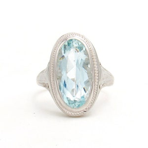 Art Deco 18K Gold Aquamarine Ring | Antique Solid White Gold Filigree Aquamarine Solitaire Ring | March Birthstone Anniversary Jewelry