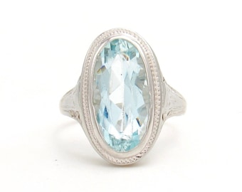 Art Deco 18K Gold Aquamarine Ring | Antique Solid White Gold Filigree Aquamarine Solitaire Ring | March Birthstone Anniversary Jewelry