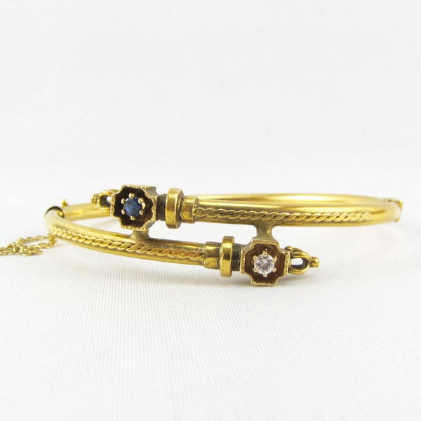 Antique 14K Gold Sapphire & Diamond Bangle Bracelet | Edwardian Solid Gold Bypass Bangle | 14K Yellow Gold Hinged Diamond Sapphire Bracelet