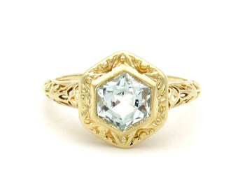 Vintage 14K Gold Aquamarine Solitaire Ring | Art Deco Solid Yellow Gold Filigree Aquamarine Ring | March Birthstone Anniversary Ring