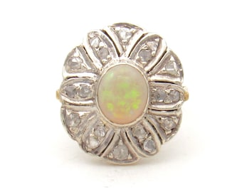 Antique 14K Gold Opal Diamond Halo Ring - Edwardian October Birthstone Jewelry