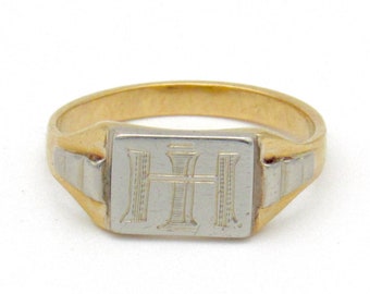 Art Deco 14K Gold Signet Ring | Solid Gold Antique Monogram Ring | Yellow & White Gold Initial Ring | Engraved Cipher Ring