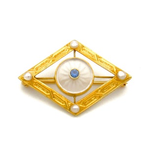Art Deco 14K Gold Sapphire Pearl Camphor Glass Brooch | Antique Etched Crystal Wedding Bridal