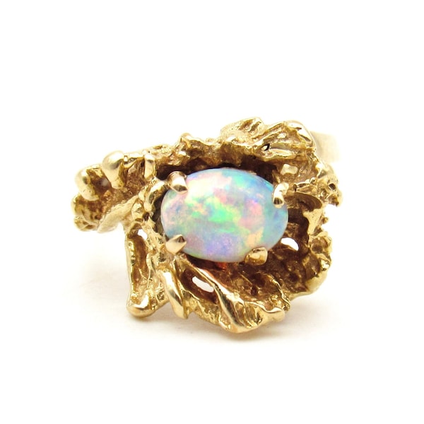 Vintage 14K Gold Opal Solitaire Ring | Solid Gold Opal Statement Ring | October Birthstone Jewelry | Opal Pinky Ring Size 3 1/2