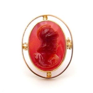 Art Deco 10K Gold Carnelian Cameo Brooch | Carved Warrior Pin
