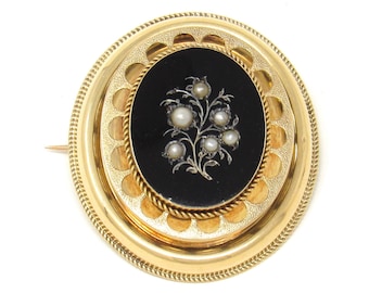 Victorian 14K Gold Onyx Brooch | Seed Pearl Floral Mourning Pin