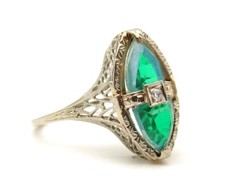 Antique 18K Gold Aquamarine Ring | Art Deco Solid White Gold Filigree Aquamarine Diamond Ring | March Birthstone Fine Jewelry