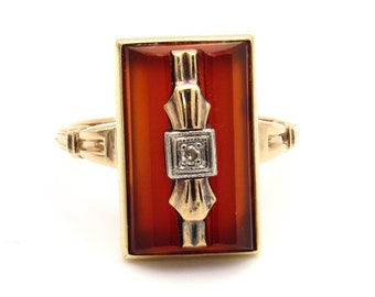 Art Deco 10K Gold Carnelian Ring | Antique Solid Rose Gold Carnelian Diamond Statement Ring | Carnelian Dinner Cocktail Ring