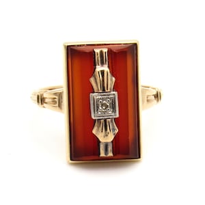 アールデコ調 10K ローズゴールド カーネリアン ダイヤモンド リング | カクテル ステートメントリング