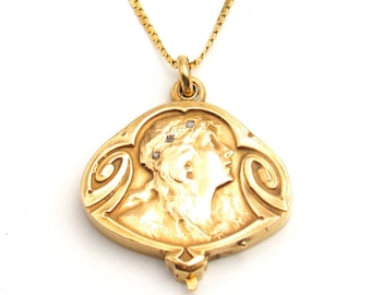 Art Nouveau 14K Gold & Diamond Locket Pendant Necklace | Solid Gold Slid