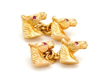 Vintage 9K Gold Horse Head Cufflinks | Solid Gold Ruby Eye Figural Horse Cufflinks | Mid-Century English Hallmarked Equestrian Cufflinks
