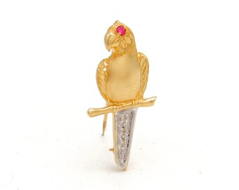 Vintage 10K Gold Parrot Brooch | Solid Gold Diamond and Ruby Figural Perched Parrot Pin | 10K Yellow Gold Bird Jewelry